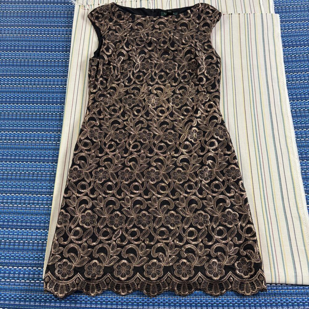 Lauren Ralph Lauren Dress Womens 14 Black Floral Lace Sheath Lined Cocktail EC